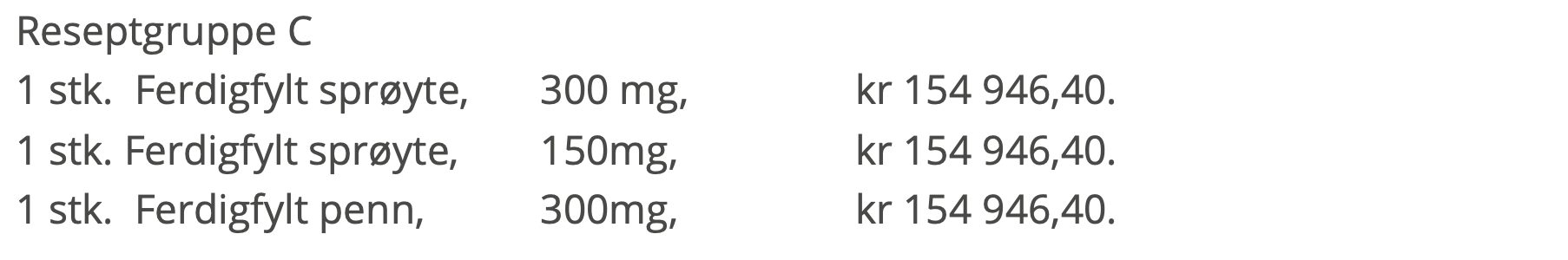 Reseptgruppe, pakninger og priser